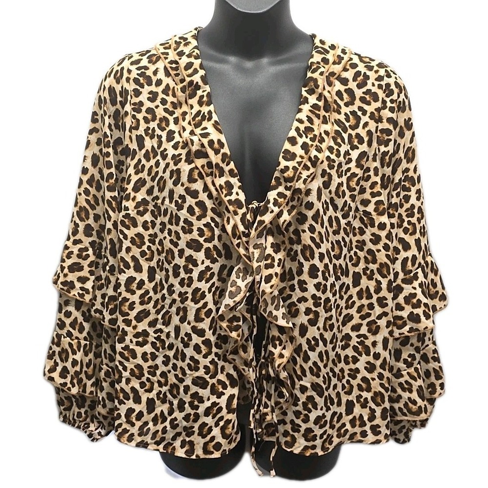 Torrid Blouse Womens 0 Brown Leopard Print Ruffle Tiered Sleeve Tie Front Top